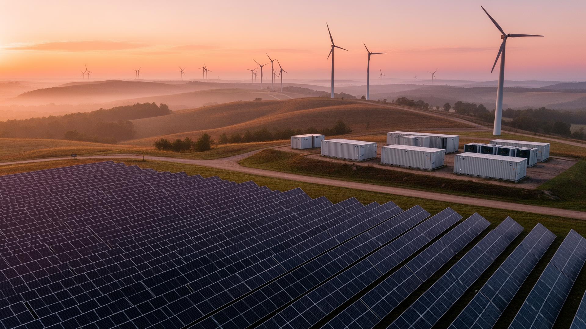 Aerial view of a solar panel array at dawn